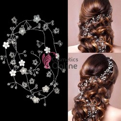 Accesoriu modern pentru decor par WED00F Argintiu cu cristale si perle de 90cm + 2 agrafe